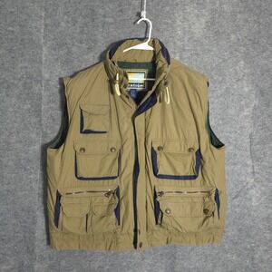Stratojac Utility Vest Mens XL Tan Navy Blue Down Fill Cargo Pockets Gorpcore